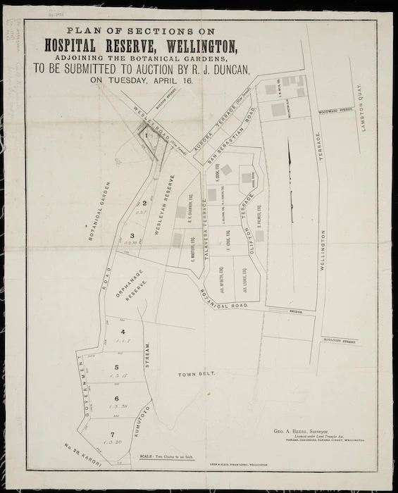 Plan of sections on Hospital Reserve Wellington, adjoining the Botanical Gardens : to be submitted to auction by R.J. Duncan on Tuesday, April 16 / [surveyed by] Geo. A. Beere.