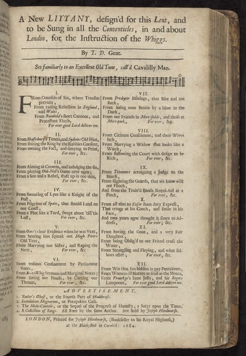 A new littany, design'd for this Lent, and to be sung in all the conventicles, in and about London, for the instruction of the Whiggs / by T.D. gent ; set familiarly to an excellent old tune, call'd Cavalilly man.