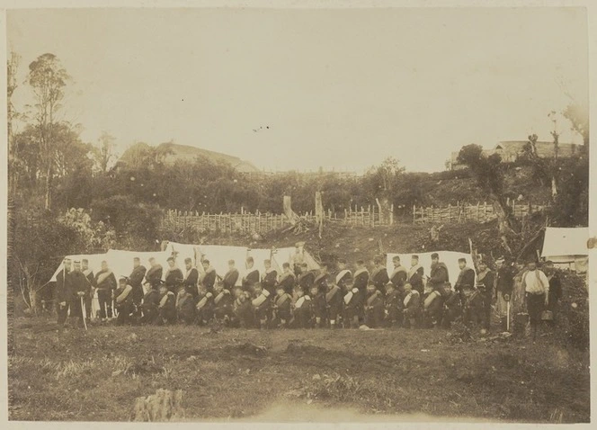 Soldiers of the Taranaki Rifles in camp at Parihaka