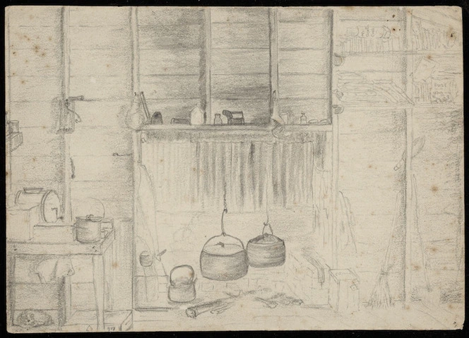 Artist unknown :Living room Parapara. Basil M Taylor taught a native school in this district. [1860-1870s]