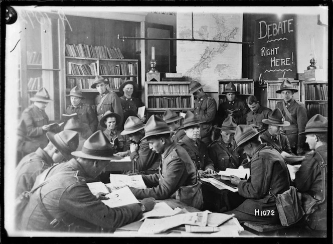 Soldiers inside the YMCA library in Beauvois, France, World War I