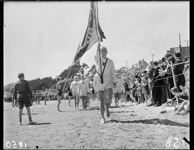 Lifesavers in an Australian vs New Zealand lifesaving competition, Titahi Bay, Wellington