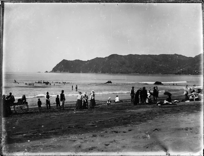 Group at the beach, Waipiro Bay, Gisborne region