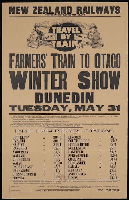 New Zealand Railways :New Zealand Railways, Northern District, South Island. Travel by train. Farmers' train to Otago Winter Show, Dunedin, Tuesday, May 31 [1927 ]. Printed by Alex Wildey Ltd, Victoria Square, Christchurch [1927].