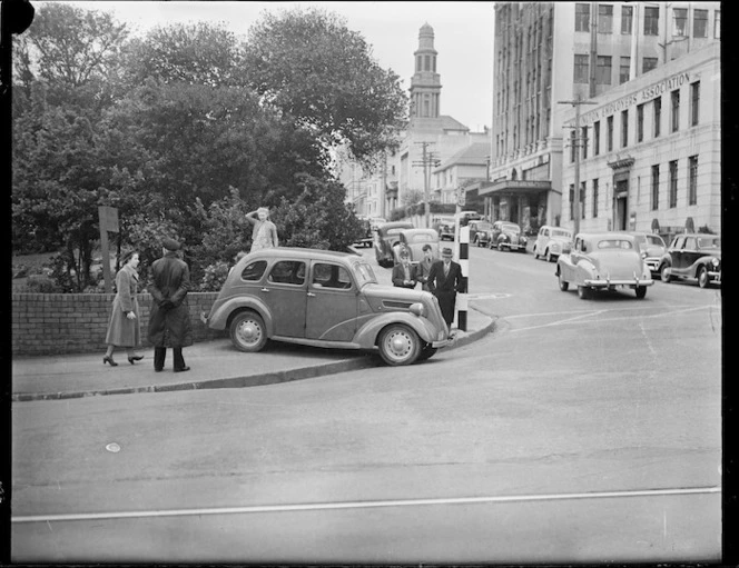 A Prefect car parked in Bowen Street, Wellington