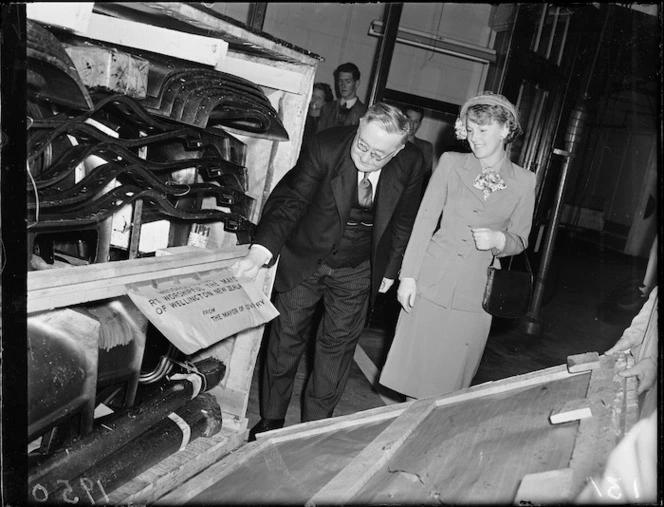 Miss New Zealand, Mary Woodward, with Mr Will Appleton at Todd Motors, Wellington