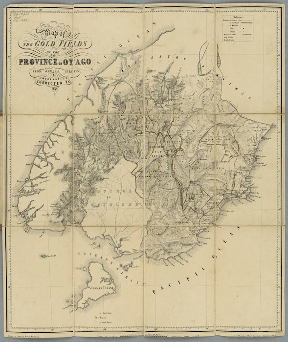 Map of the gold fields of the province of Otago : from official surveys & information corrected to 1865 / drawn by David Henderson on stone ; J.T. Thomson, chief surveyor.