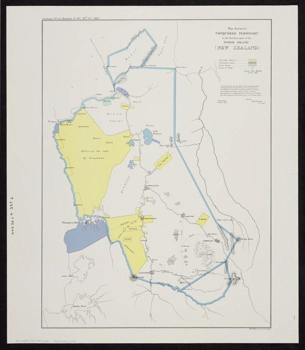 Map showing the conquered territory in the northern part of the North Island (New Zealand) / (signed) Chas. Heaphy, 15 Decr. 1864.