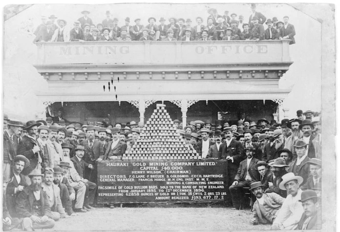 Barker, R A, fl 1979 : Photograph of miners and shareholders of the Hauraki Gold Mining Company in Coromandel