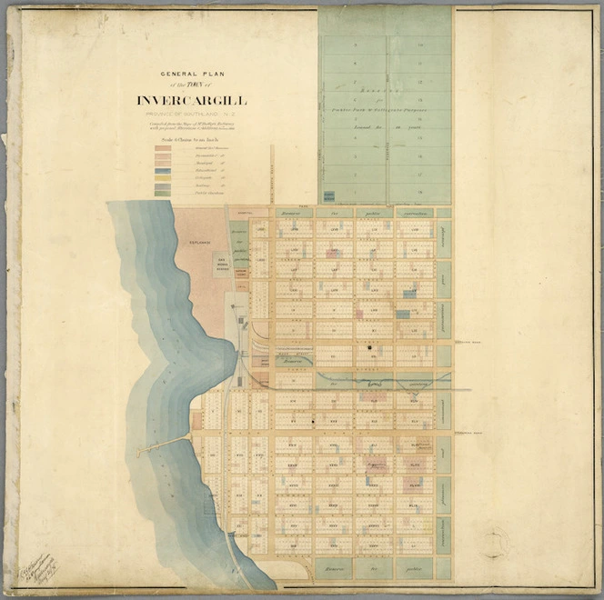 General plan of the town of Invercargill, Province of Southland, N.Z. : compiled from the maps of Mr Butler's re-survey with proposed alterations & additions, January 1864 / drawn by G.T. Stevens.