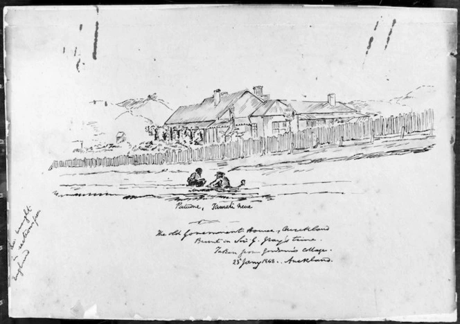 [Thierry, Charles Philip Hippolytus, baron de] 1793-1864 :The Old Government House, Auckland ; burnt in Sir G Gray's time ; taken from Gordon's cottages ; 23 Jany 1848, Auckland. - [189-?]