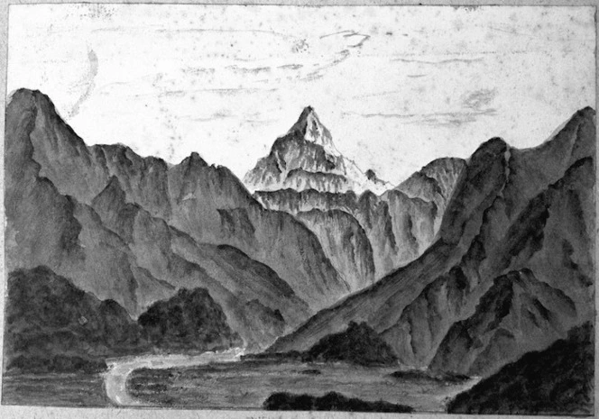 Douglas, Charles Edward, 1840-1916 :Head of Okura River showing Mt Ellis. [1870-1900].