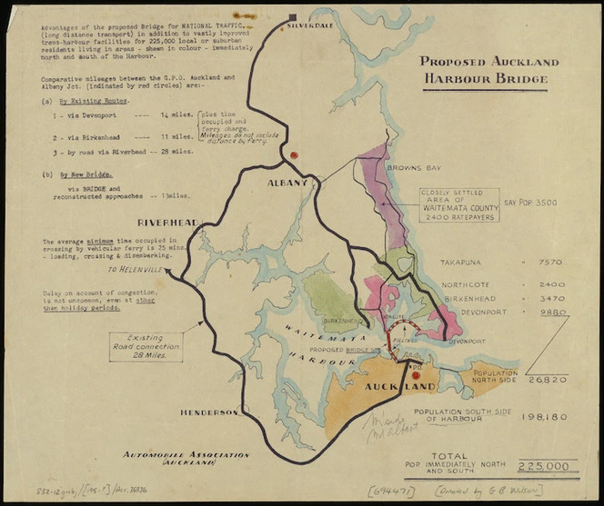 Automobile Association (Auckland) Inc :Proposed Auckland Harbour Bridge [map with ms annotations]. [195-?].