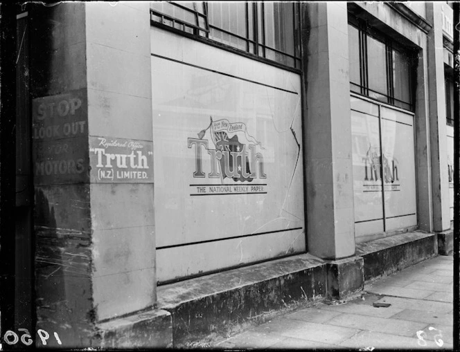 Earthquake-damaged window of New Zealand Truth registered office, Wellington