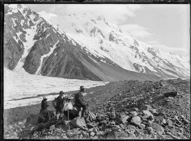 Group on Tasman Glacier, with the Hochstetter Icefall to the left