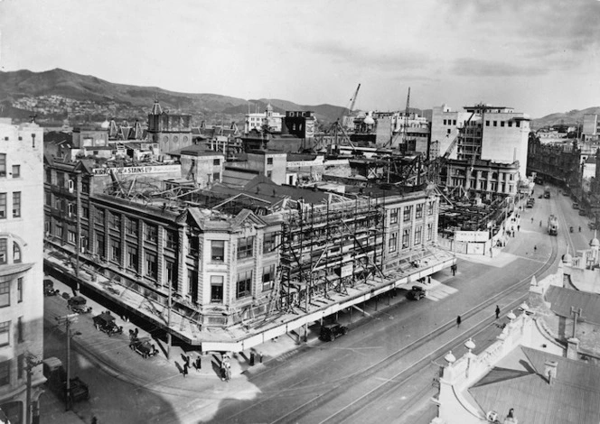The Kirkcaldie and Stains and DIC Buildings undergoing alteration, Lambton Quay, Wellington