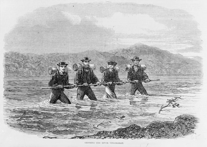 Illustrated London news :Crossing the River Teramakau [London, 1865]