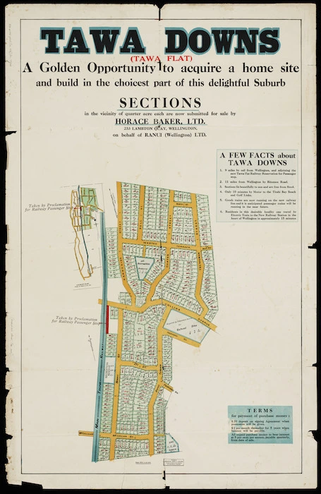 Tawa Downs (Tawa Flat) : a golden opportunity to acquire a home site and build  in this delightful suburb : sections in the vicinity of quarter acre each are now submitted for sale by Horace Baker Ltd. on behalf of Ranui (Wellington) Ltd / surveyed by Middleton, Smith & Coulter.