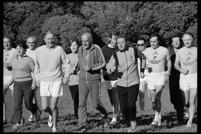 Members of Wellington Joggers' Club running with Arthur Lydiard