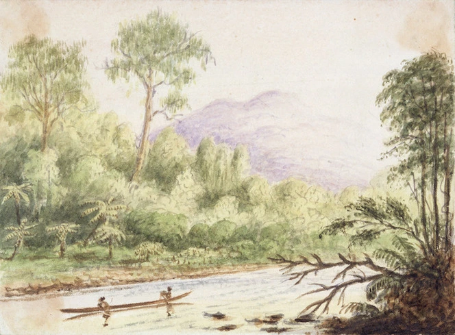 Gold, Charles Emilius 1809-1871 :[Upper Hutt River? River, canoe, bush and hills. 1848?]