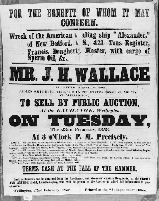 Poster advertising the selling of the wreck of the American whaling ship Alexander