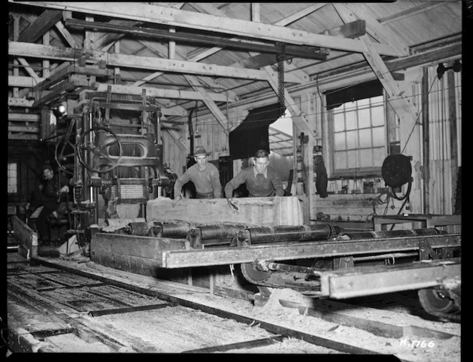 Sawn log coming from the gang saw, Waipa State Forestry Mill - Photograph taken by Edward Percival Christensen