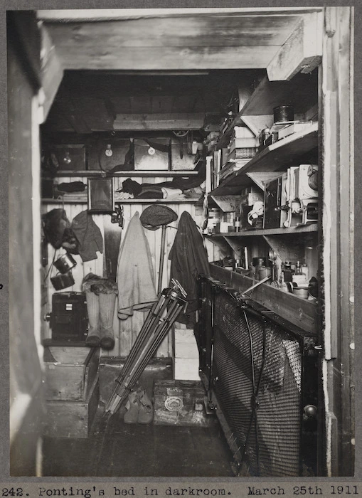 Herbert George Ponting's bed in the dark room of Scott's hut, Antarctica