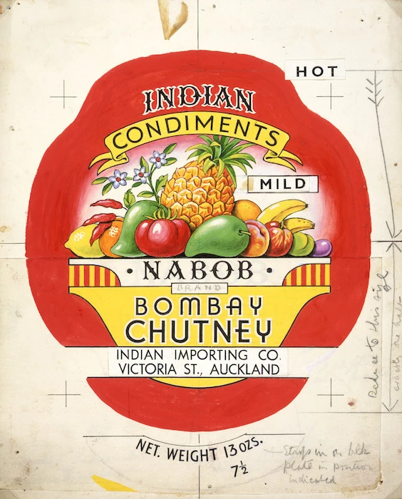 [Moran, Joseph Bruno], 1874?-1952 :Indian condiments, Nabob Bombay chutney. Indian Importing Co., Victoria St., Auckland. [1920s?].