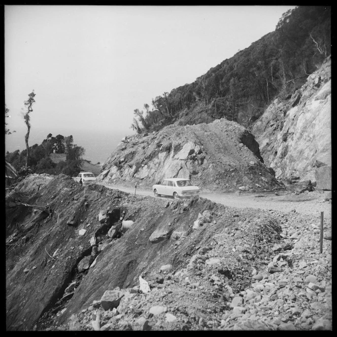 Cars on the new Haast Road, Westland, New Zealand