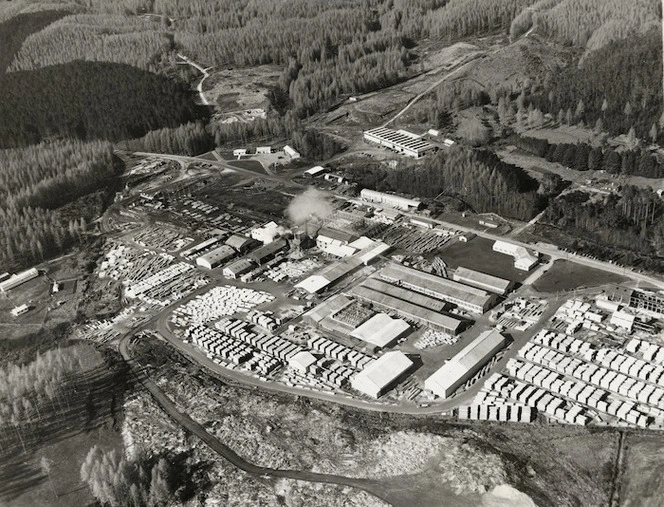 Aerial view of Waipa Forest Service sawmill, Rotorua