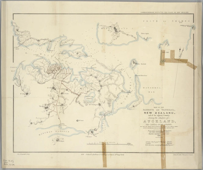Map of the Harbour of Waitemata, New Zealand, and of the adjacent country shewing the situation of Auckland, the capital of the colony, and also the isthmus which separates the waters of the Frith of Thames on the eastern from those of Manukao [i.e. Manukau] on the western coast / from actual measurement with the chain and from a trigonometrical survey, Felton Mathew, survr. genl., 1841.