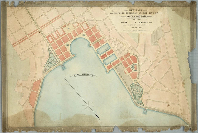 Darnoc, N S, fl 1877 :New plan, proposed extension of the city of Wellington [ms map] By N....S Darnoc, practical architect, 1877.