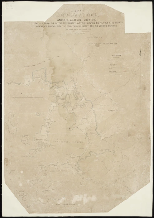 Map of Coromandel and the adjacent country ... shewing the various land grants, purchased blocks, with the Gold Field boundary and various diggings / by Charles Heaphy.