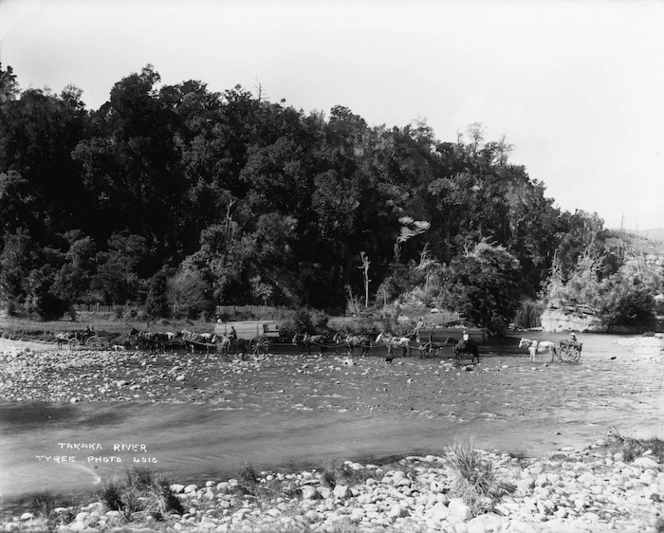 Takaka river, and horse teams pulling timber