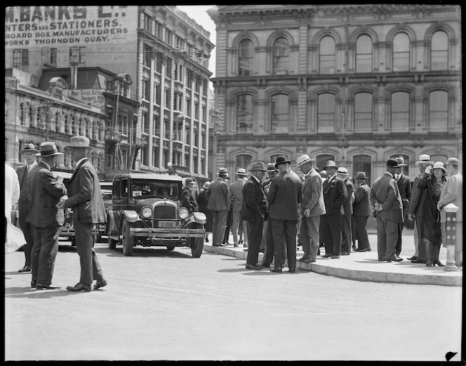 Men, possibly unemployed, and others in Post Office Square, Wellington