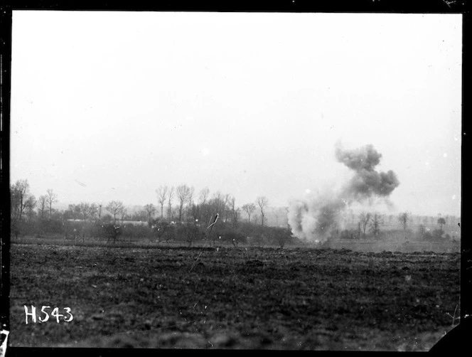 A 5.9 shell bursts close to the reserve line near Courcelles, World War I