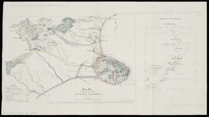Sketch map shewing the site of the Canterbury settlement / reduced and drawn by A. Wills from the original map by J. Thomas chief surveyor to the Canterbury Association.