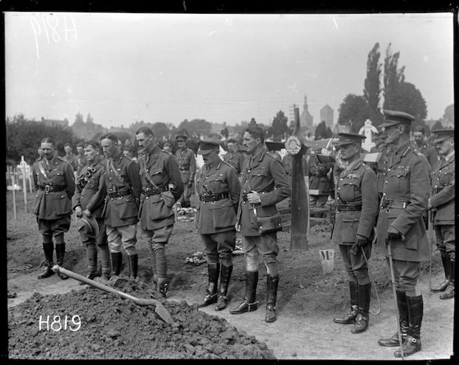 New Zealand officers at a military funeral, Bailleul, World War I