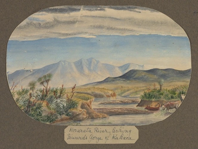 Hurt, Theodore Octavius fl 1860-1871 :Hororata River, looking towards Gorge of Kakaia [sic]. [1861-71].
