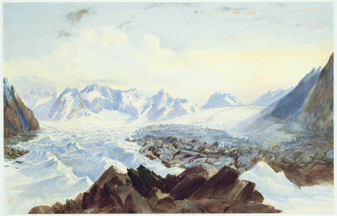 Gully, John, 1819-1888 :[From central moraine of the great Godley Glacier, 5 March 1862]. 1863.