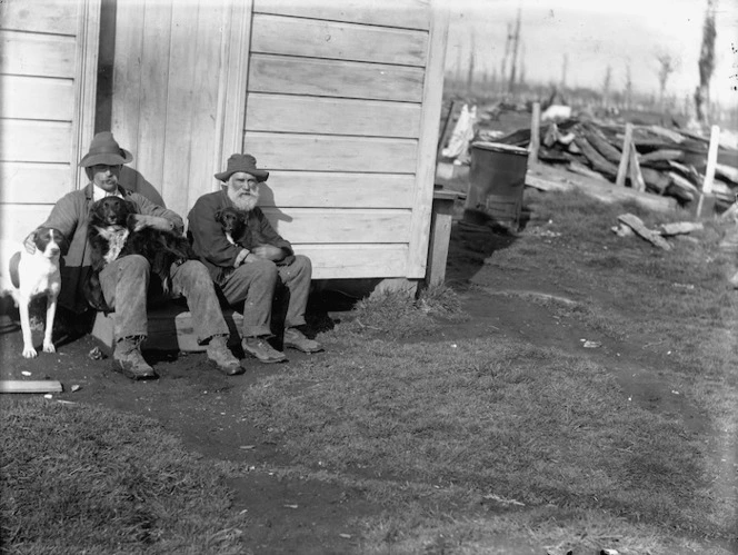 Men with dogs at the Robertson farm, Stratford district