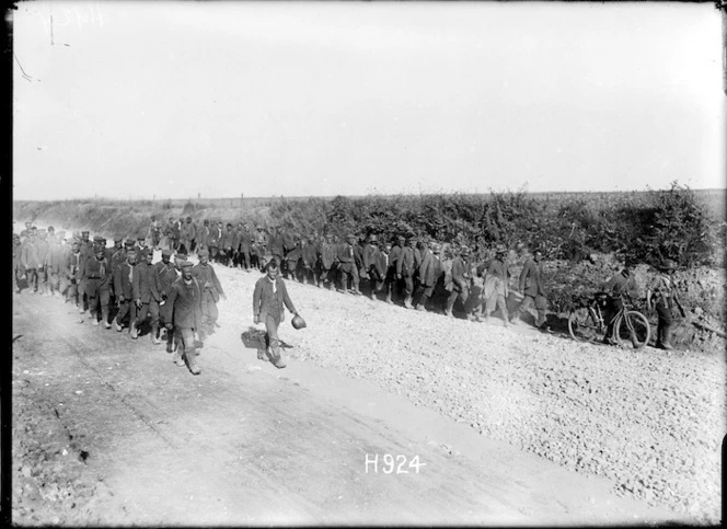 German prisoners walking down a road, Hebuterne, France