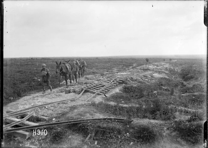A German light railway track destroyed in France, World War I
