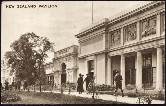 Postcard. New Zealand Pavilion, British Empire Exhibition. Copyright Campbell Gray. Printed & published by the sole concessionaries, Fleetway Press Ltd, 3-9 Dane St., Holborn W C 1 [1924].