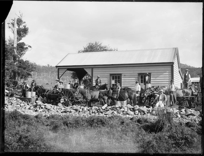 Milk delivery carts outside Fairburn Creamery, Northland