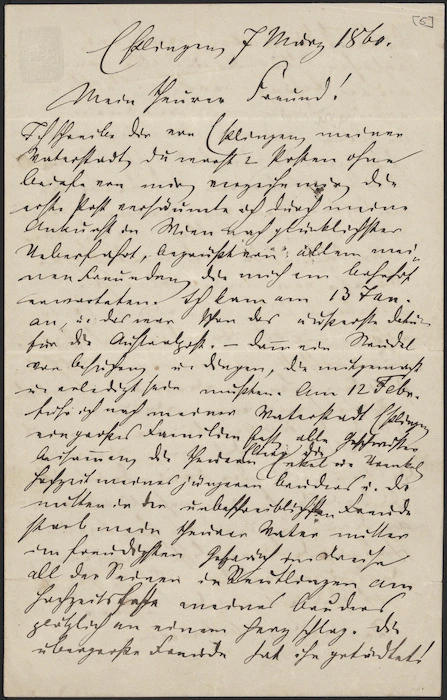 Letter from Ferdinand von Hochstetter to Sir Julius von Haast