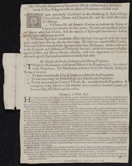 His Majesties enlargement of concessions in his last answer touching episcopacy, sent by Sir Peter Killegrew to his two Houses of Parliament, 21 Octob. 1648.