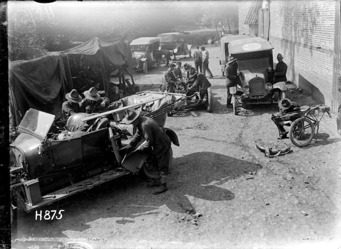 General view of the New Zealand Motor Transport Company workshops, Bonnieres, World War I