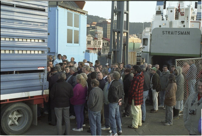 Waterfront Workers' Union members in Wellington, listening to Union secretary Trevor Hansen during the protest preventing new Cook Strait ferry, the Straitsman, from sailing - Photographs taken by John Nicholson