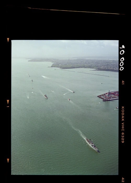 New Zealand warship HMNZS Canterbury with the naval flotilla entering Auckland harbour